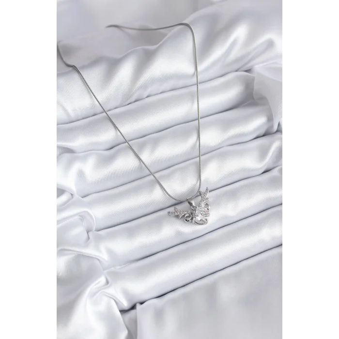 BUĞZ 316L Çelik Gümüş Renk Zirkon Taşlı Boynuz Model Kadın Kolye - Lisinya