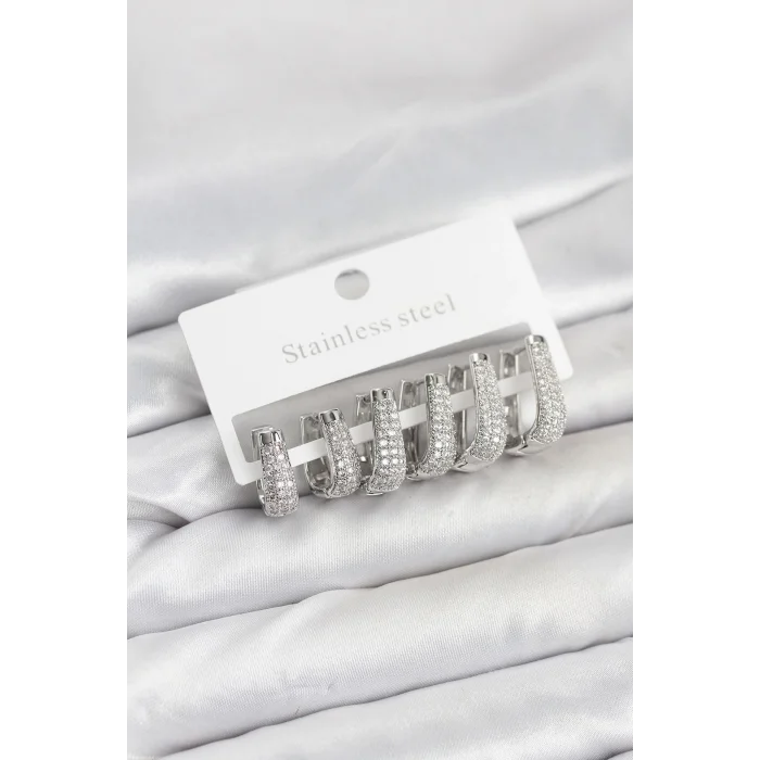 BUĞZ 316L Çelik Gümüş Renk Zirkon Taşlı Damla Halka Küpe Seti