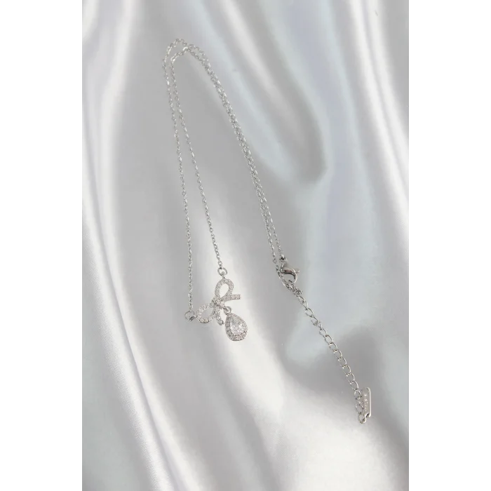 BUĞZ 316L Çelik Gümüş Renk Zirkon Taşlı Fiyonk Detay Damla Kolye - Lisinya
