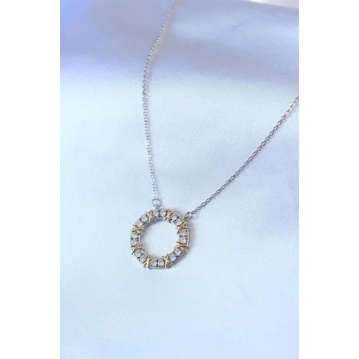BUĞZ 316L Çelik Gümüş Renk Zirkon Taşlı Gold Detay Xoxo Kadın Kolye - Lisinya