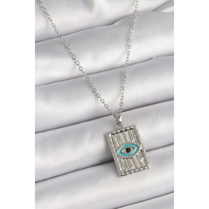 BUĞZ 316L Çelik Gümüş Renk Zirkon Taşlı Göz İşleme Detaylı Plaka Model Kadın Kolye