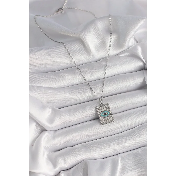 BUĞZ 316L Çelik Gümüş Renk Zirkon Taşlı Göz İşleme Detaylı Plaka Model Kadın Kolye - Lisinya