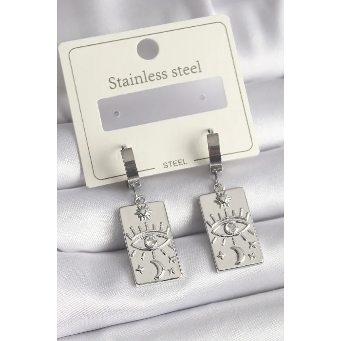 BUĞZ 316L Çelik Gümüş Renk Zirkon Taşlı Göz İşleme Detaylı Plaka Model Kadın Küpe