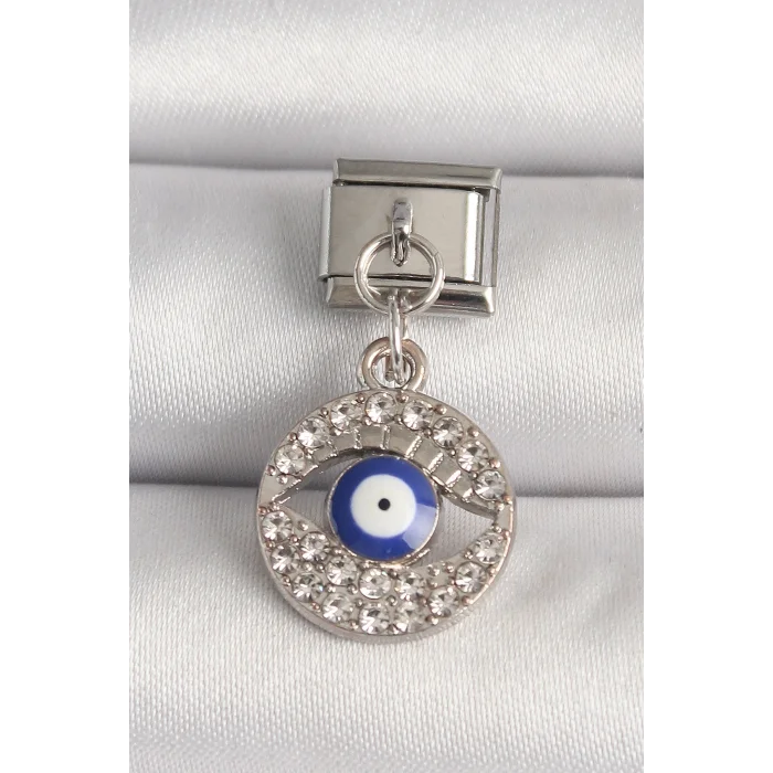 BUĞZ 316L Çelik Gümüş Renk Zirkon Taşlı Göz Model Nazar Boncuk Detay Nomination Charm