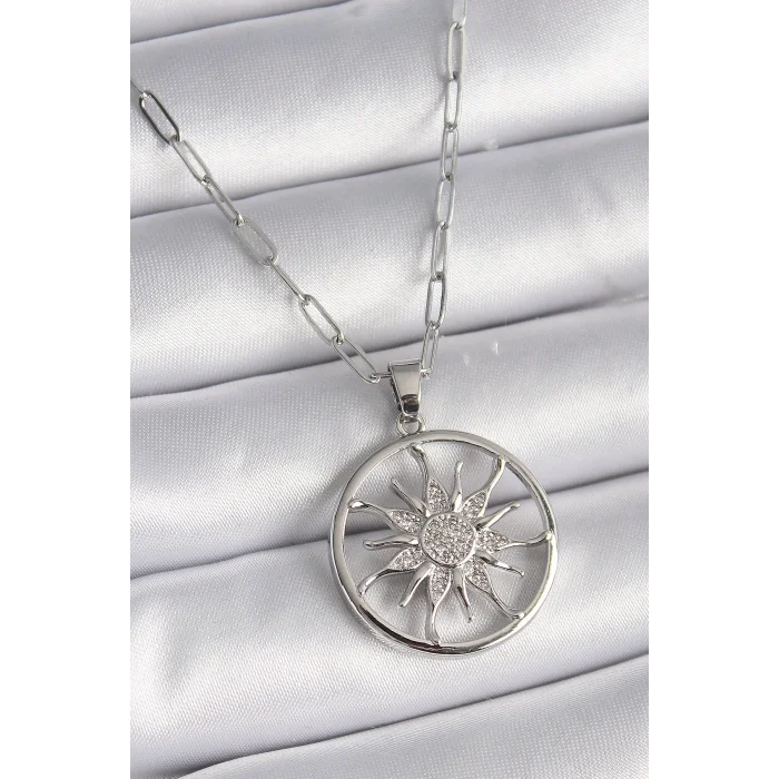 BUĞZ 316L Çelik Gümüş Renk Zirkon Taşlı Güneş Madalyon Model Kadın Kolye