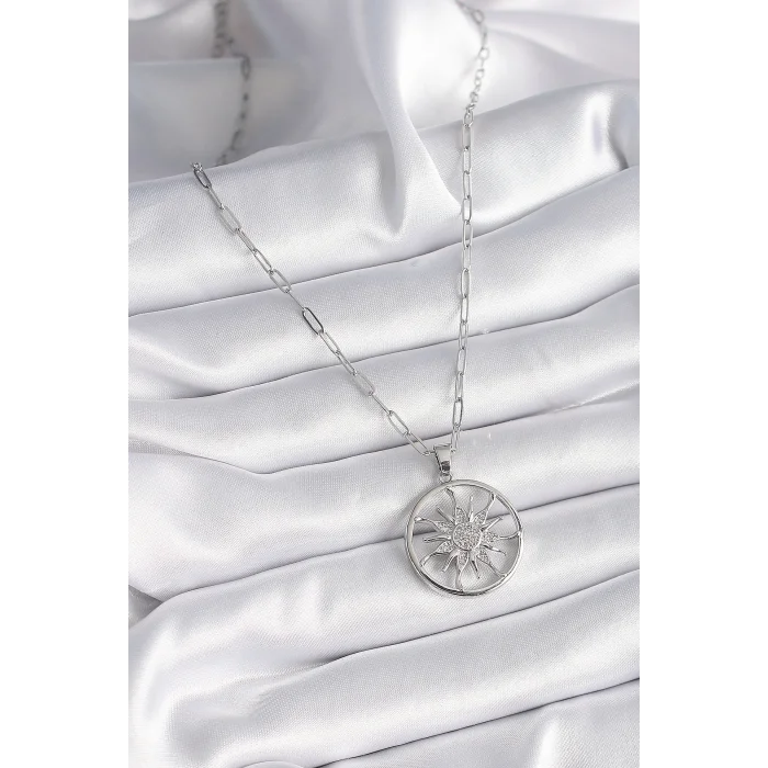 BUĞZ 316L Çelik Gümüş Renk Zirkon Taşlı Güneş Madalyon Model Kadın Kolye