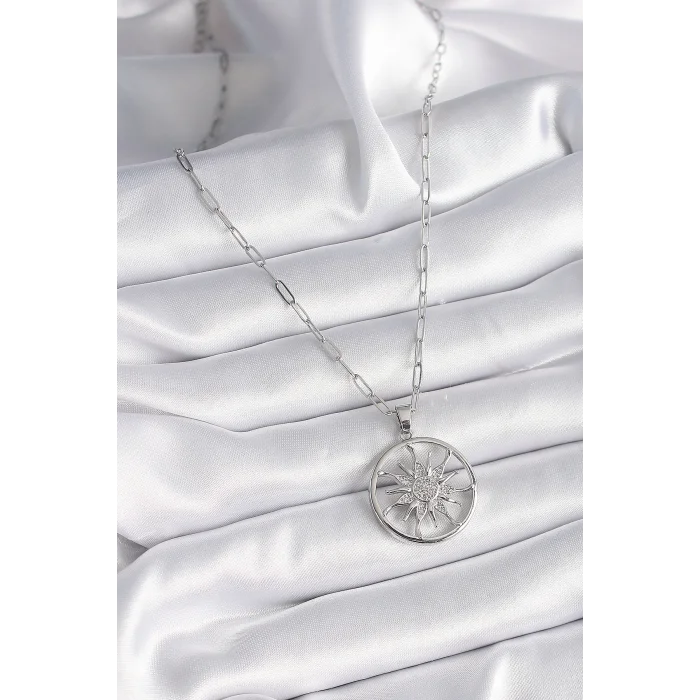 BUĞZ 316L Çelik Gümüş Renk Zirkon Taşlı Güneş Madalyon Model Kadın Kolye - BUĞZ