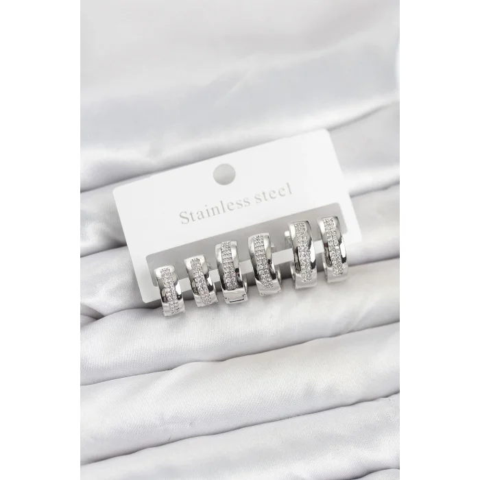 BUĞZ 316L Çelik Gümüş Renk Zirkon Taşlı Halka Küpe Seti