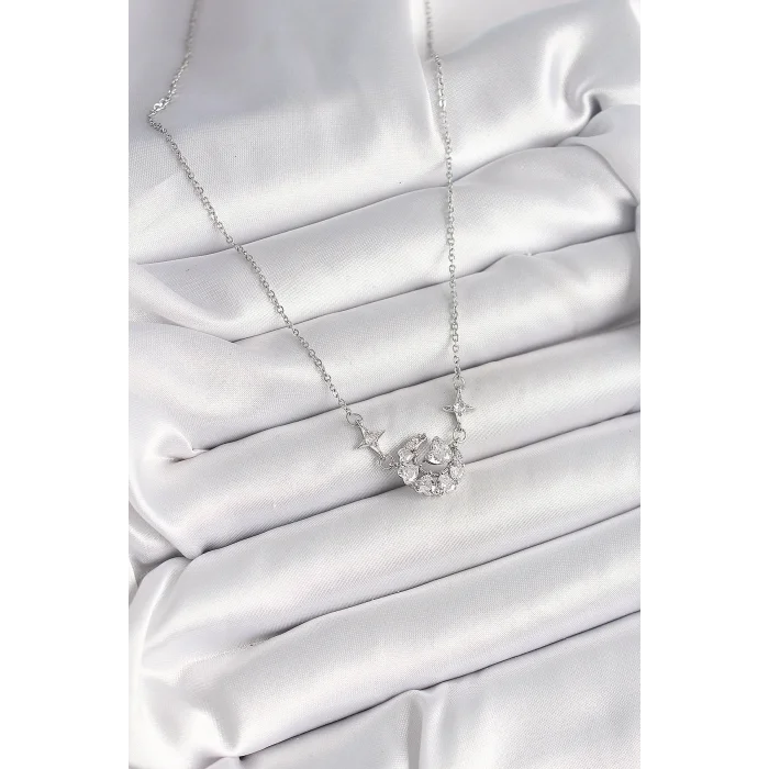 BUĞZ 316L Çelik Gümüş Renk Zirkon Taşlı Hilal Kalp Model Kadın Kolye - Lisinya