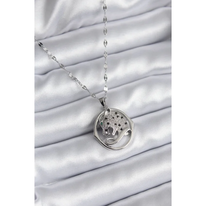 BUĞZ 316L Çelik Gümüş Renk Zirkon Taşlı Jaguar Model Kadın Kolye