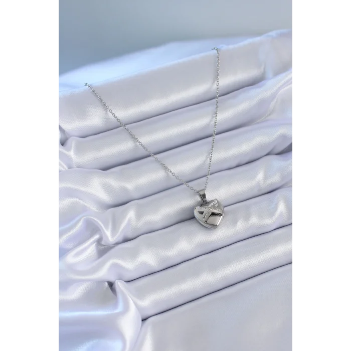 BUĞZ 316L Çelik Gümüş Renk Zirkon Taşlı Kalp Model Kadın Kolye - Lisinya