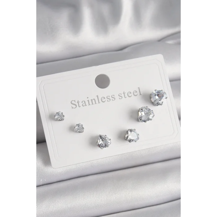 BUĞZ 316L Çelik Gümüş Renk Zirkon Taşlı Kalp Model Kadın Küpe Seti