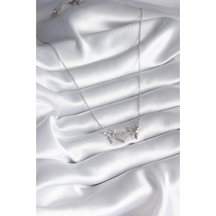 BUĞZ 316L Çelik Gümüş Renk Zirkon Taşlı Kanat Kalp Model Kadın Kolye - Lisinya