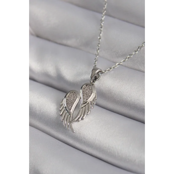 BUĞZ 316L Çelik Gümüş Renk Zirkon Taşlı Kanat Model Kadın Kolye