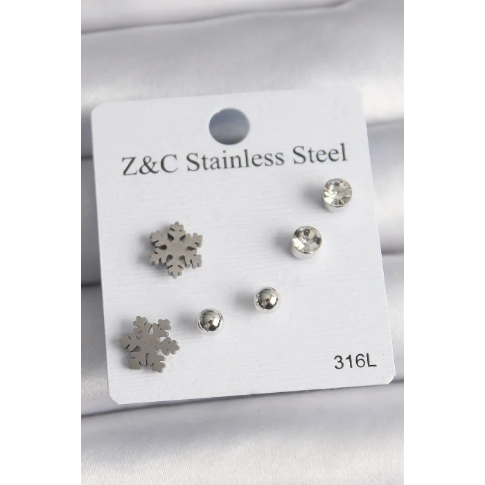 BUĞZ 316L Çelik Gümüş Renk Zirkon Taşlı Kar Tanesi Model Kadın Küpe Seti