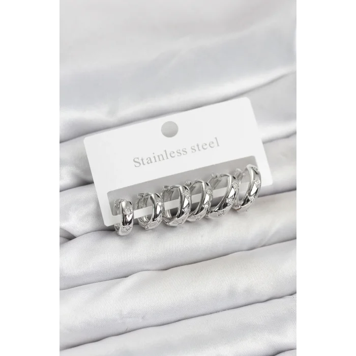 BUĞZ 316L Çelik Gümüş Renk Zirkon Taşlı Kutup Yıldızı Model Halka Küpe Seti