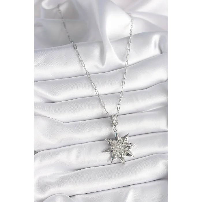 BUĞZ 316L Çelik Gümüş Renk Zirkon Taşlı Kutup Yıldızı Model Kadın Kolye