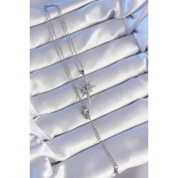 BUĞZ 316L Çelik Gümüş Renk Zirkon Taşlı Kutup Yıldızı Model Kolye