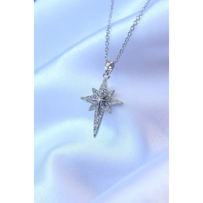 BUĞZ 316L Çelik Gümüş Renk Zirkon Taşlı Kutup Yıldızı Model Kolye