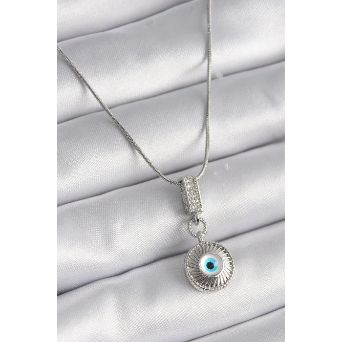 BUĞZ 316L Çelik Gümüş Renk Zirkon Taşlı Nazar Boncuk Model Kadın Kolye