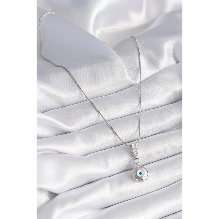 BUĞZ 316L Çelik Gümüş Renk Zirkon Taşlı Nazar Boncuk Model Kadın Kolye