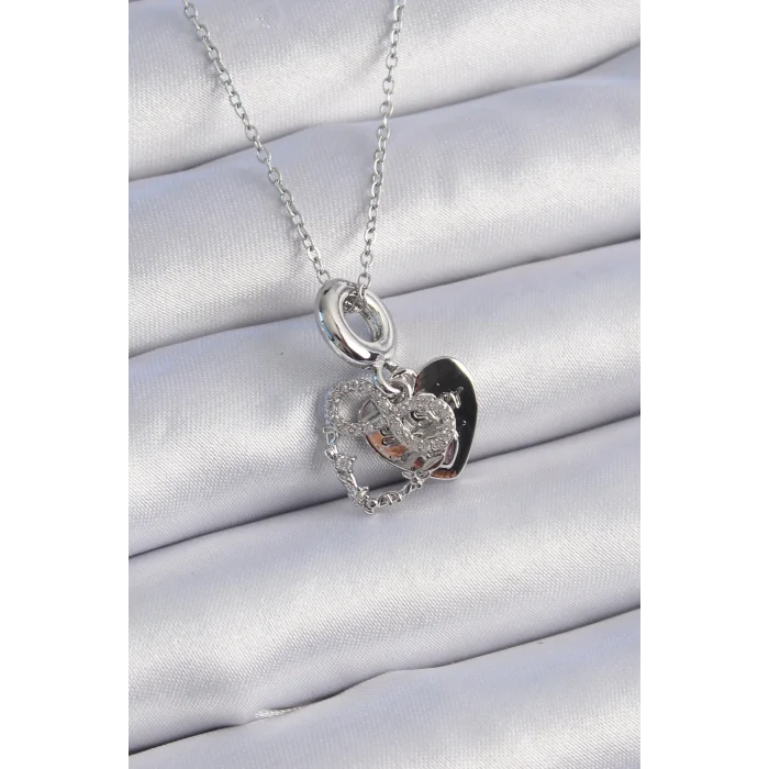 BUĞZ 316L Çelik Gümüş Renk Zirkon Taşlı Sonsuzluk Kalp Figür Charm Model Kadın Kolye