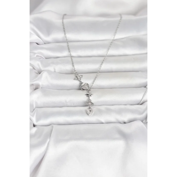 BUĞZ 316L Çelik Gümüş Renk Zirkon Taşlı Y Kadın Kolye - BUĞZ