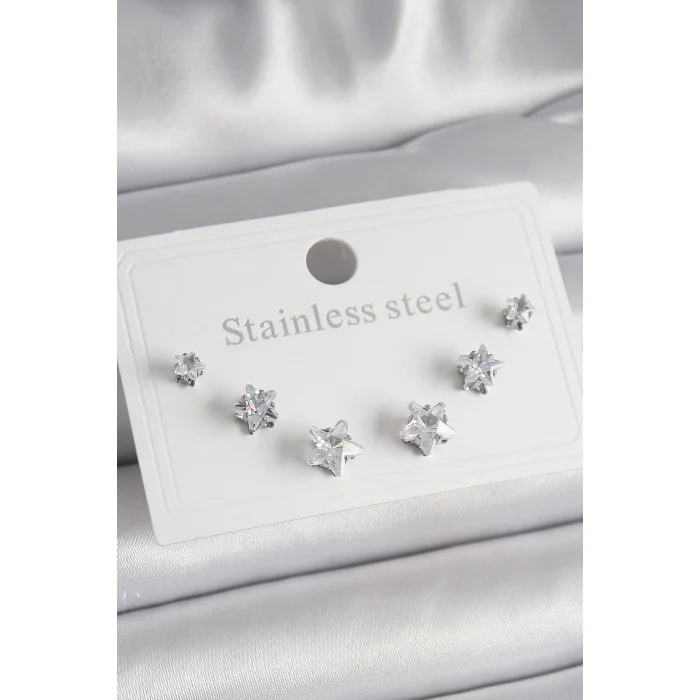 BUĞZ 316L Çelik Gümüş Renk Zirkon Taşlı Yıldız Model Kadın Küpe Seti