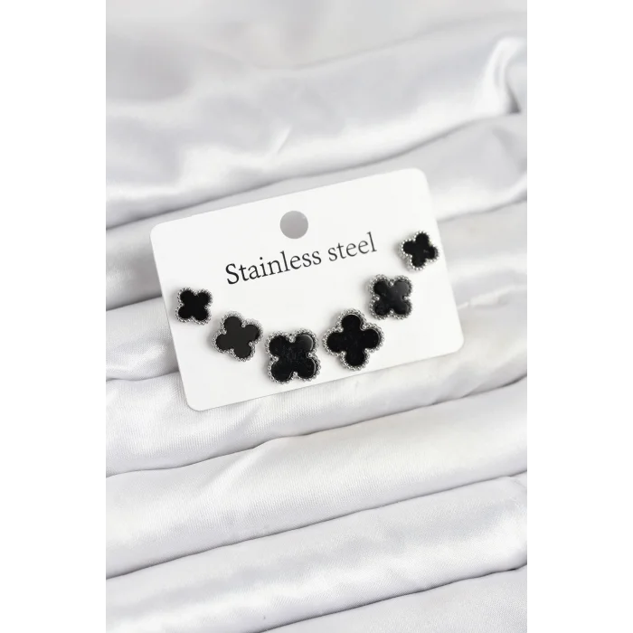 BUĞZ 316L Çelik Gümüş Siyah Renk 3 Boy Yonca Küpe Seti