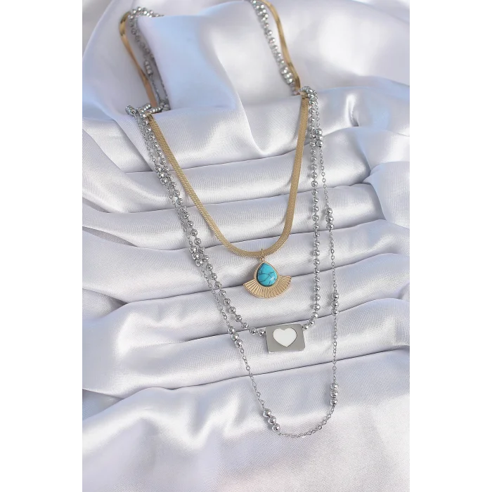 BUĞZ 316L Çelik Mix Renk 3lü Zincir Damla Madalyon Figür Uzun Kadın Kolye - Lisinya