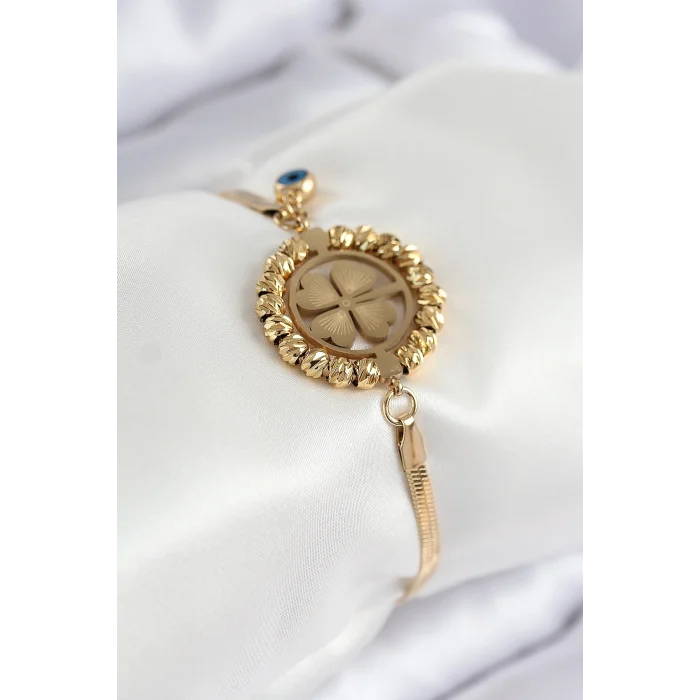 BUĞZ 316L Çelik Nazar Boncuk Detaylı Yonca Model İtalyan Zincir Gold Renk Kadın Bileklik