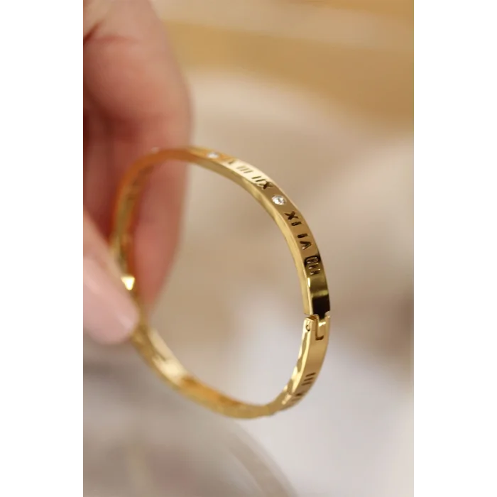 BUĞZ 316L Çelik Roma Rakamlı Gold Renk Bilezik Kelepçe