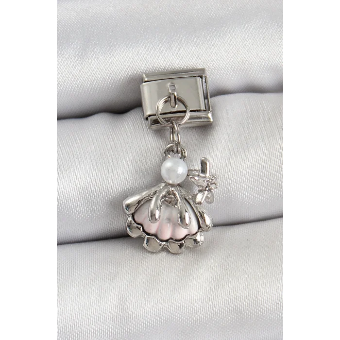 BUĞZ 316L Çelik Sallantılı İnci Detaylı İstiridye Model Gümüş Renk Nomination Charm