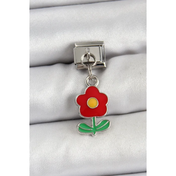 BUĞZ 316L Çelik Sallantılı Kırmızı Papatya Model Gümüş Renk Nomination Charm