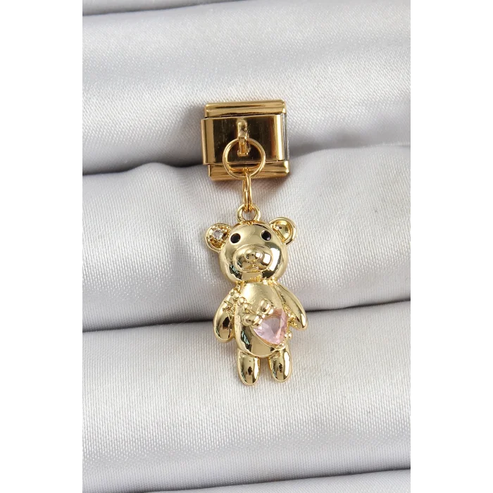 BUĞZ 316L Çelik Sallantılı Zirkon Taşlı Ayıcık Model Gold Renk Nomination Charm