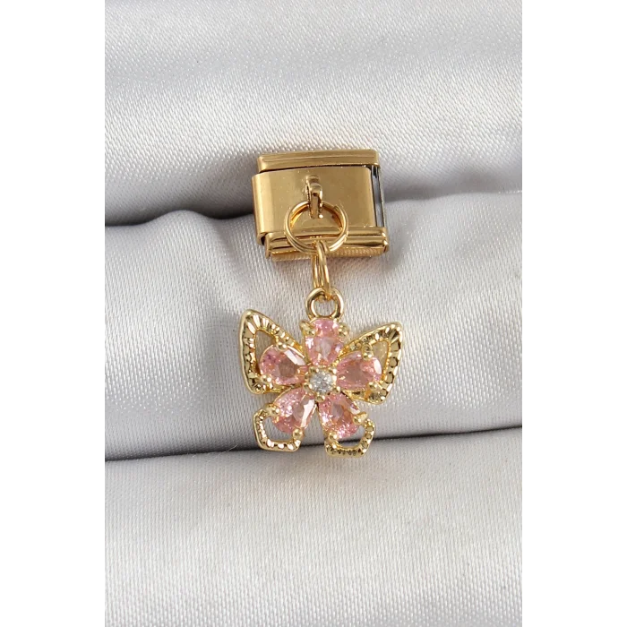BUĞZ 316L Çelik Sallantılı Zirkon Taşlı Çiçek Figürlü Kelebek Model Gold Renk Nomination Charm