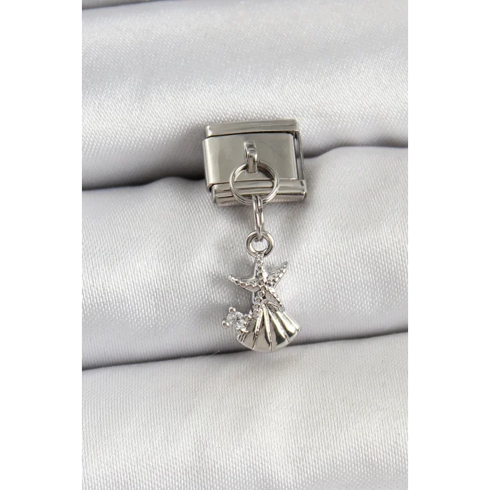 BUĞZ 316L Çelik Sallantılı Zirkon Taşlı Deniz Yıldızı Ve İstiridye Model Gümüş Renk Nomination Charm