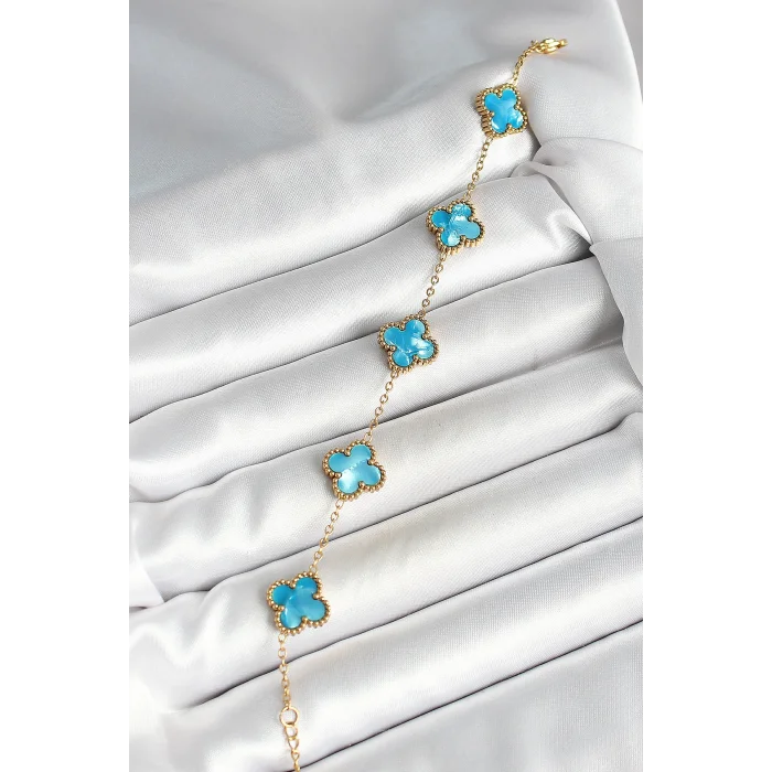 BUĞZ 316L Çelik Sedefli Gökyüzü Mavisi Gold Renk Yonca Kadın Bileklik - Lisinya