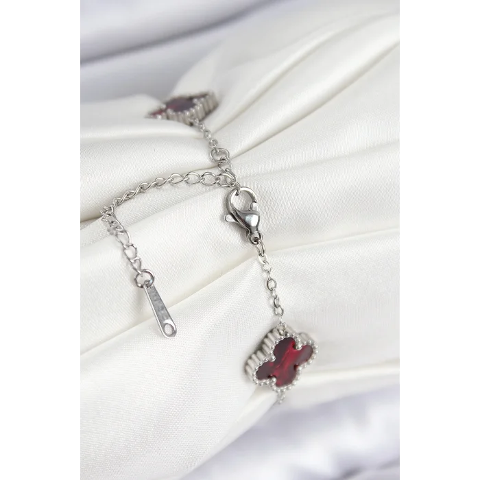 BUĞZ 316L Çelik Sedefli Kırmızı Gümüş Renk Yonca Kadın Bileklik