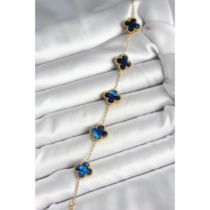 BUĞZ 316L Çelik Sedefli Lacivert Gold Renk Yonca Kadın Bileklik