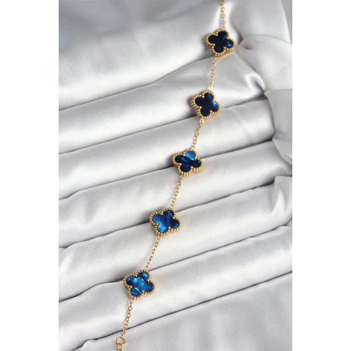 BUĞZ 316L Çelik Sedefli Lacivert Gold Renk Yonca Kadın Bileklik - Lisinya