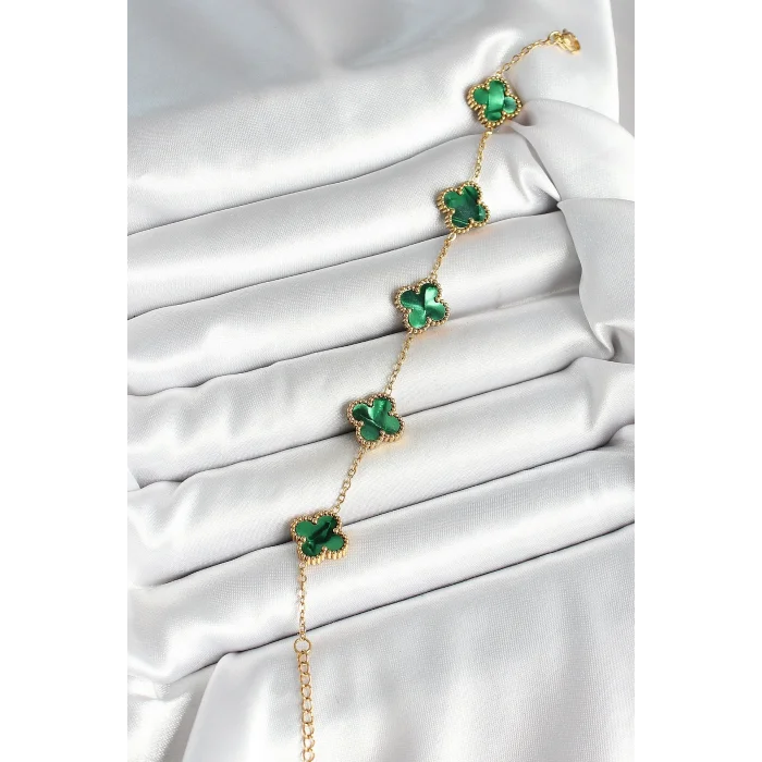 BUĞZ 316L Çelik Sedefli Zümrüt Yeşil Gold Renk Yonca Kadın Bileklik