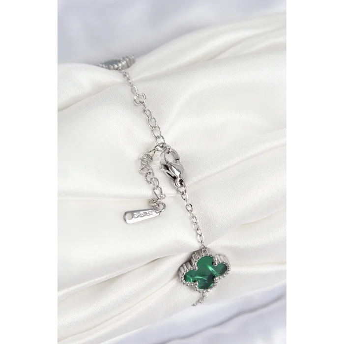 BUĞZ 316L Çelik Sedefli Zümrüt Yeşil Gümüş Renk Yonca Kadın Bileklik