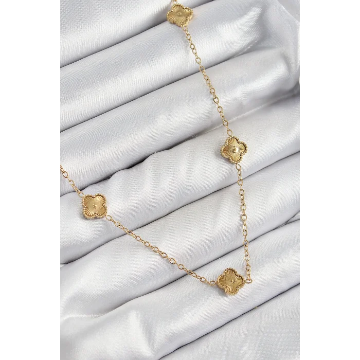 BUĞZ 316L Çelik Yonca Model Gold Renk Kadın Kolye