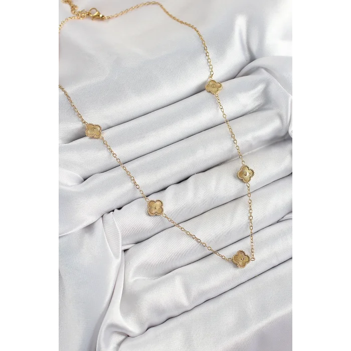 BUĞZ 316L Çelik Yonca Model Gold Renk Kadın Kolye