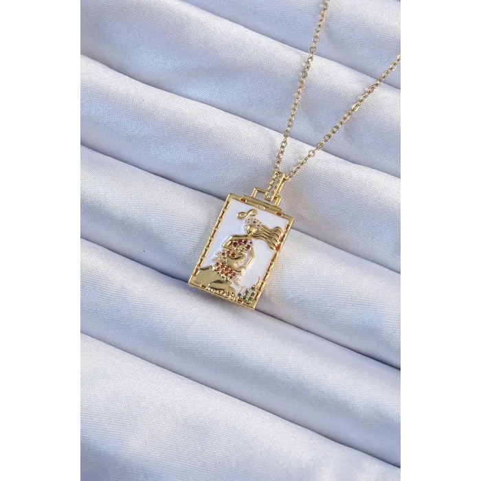 BUĞZ 316L Çelik Zincir Altın Renk Beyaz Mineli Tarot Kolye