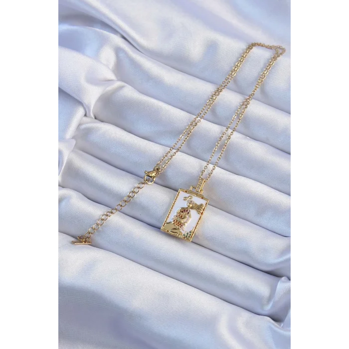 BUĞZ 316L Çelik Zincir Altın Renk Beyaz Mineli Tarot Kolye