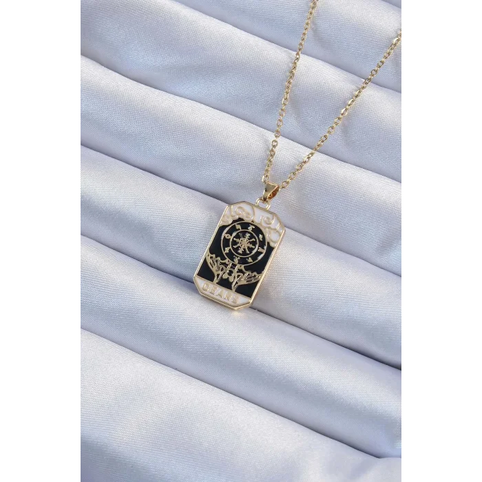 BUĞZ 316L Çelik Zincir Altın Renk İşlemeli Siyah Mineli Tarot Kolye