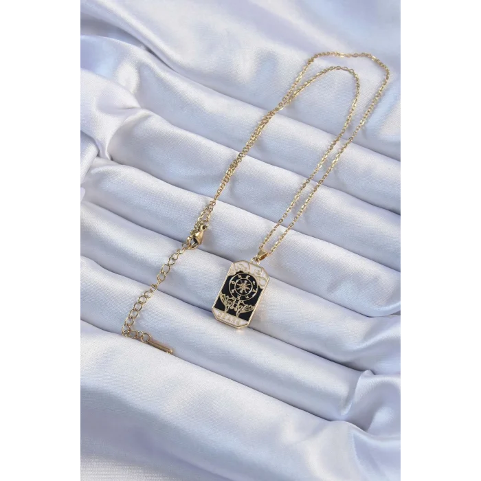 BUĞZ 316L Çelik Zincir Altın Renk İşlemeli Siyah Mineli Tarot Kolye