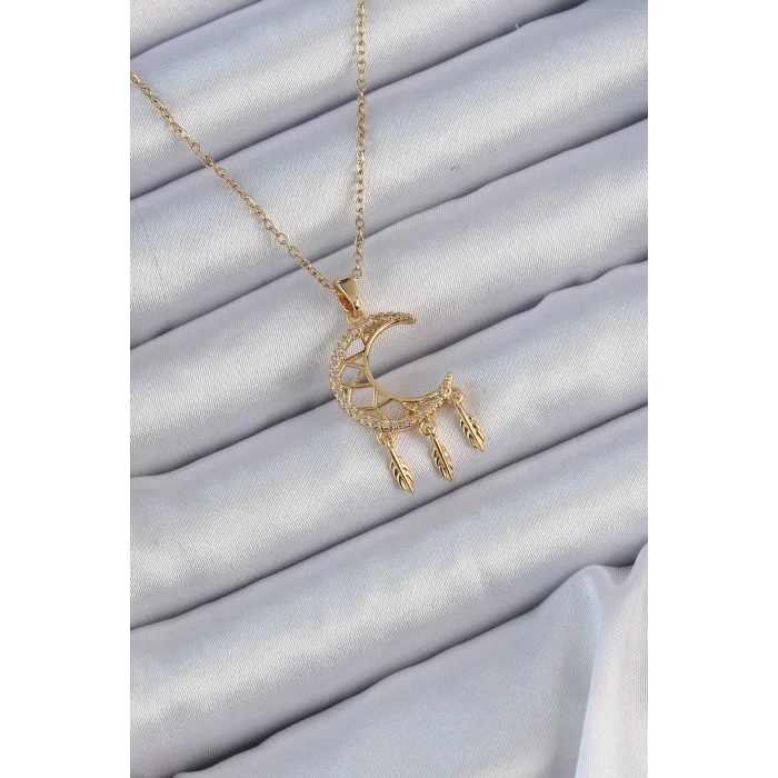 BUĞZ 316L Çelik Zincir Altın Renk İşlemeli Zirkon Taşlı Ay Kolye